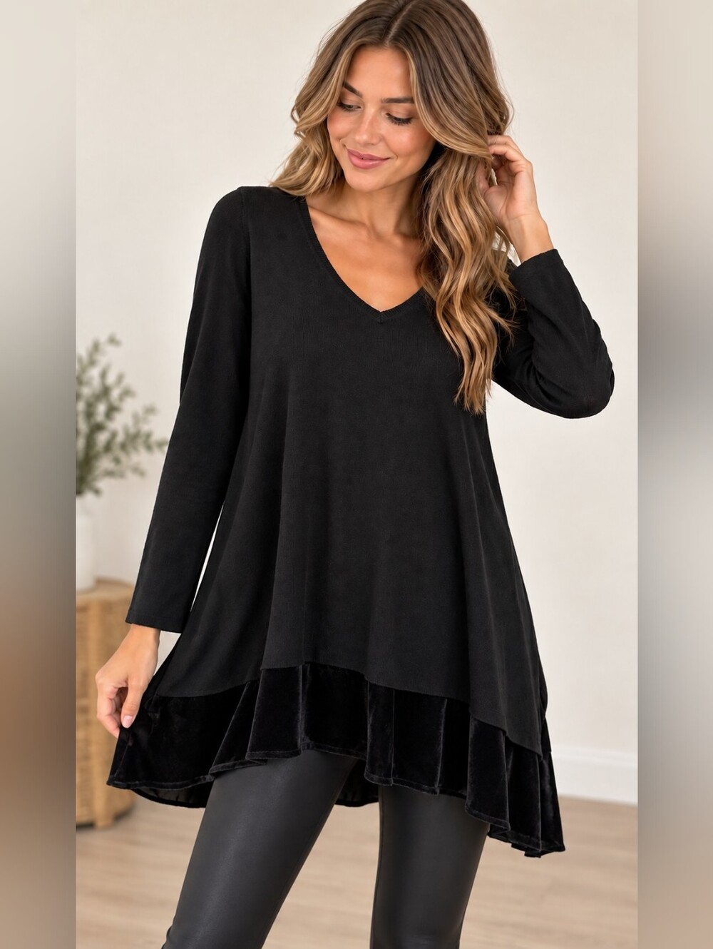 Eileen Fisher Merino Wool/Silk Blend Black V-Neck Tunic with Velvet Hem